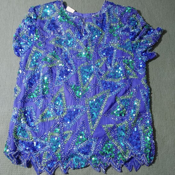 Vintage Styleworks Sequined Silk & Polyester Top Short Sleeve Blue & Green Women - Picture 7 of 10